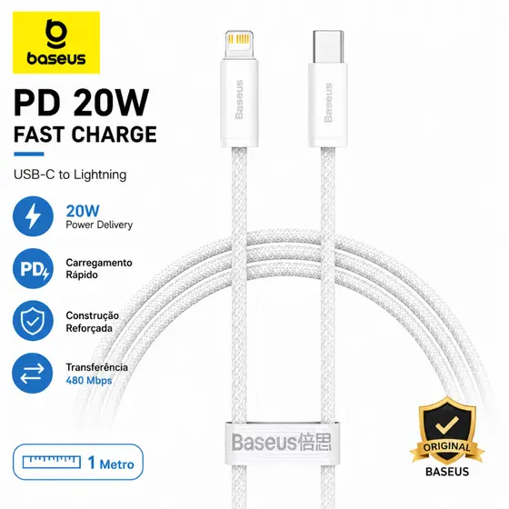 Cabo Baseus USB C para Lightning 20W PD Carregamento Rápido iPhone 11 12 13 14 Branco 1 Metro