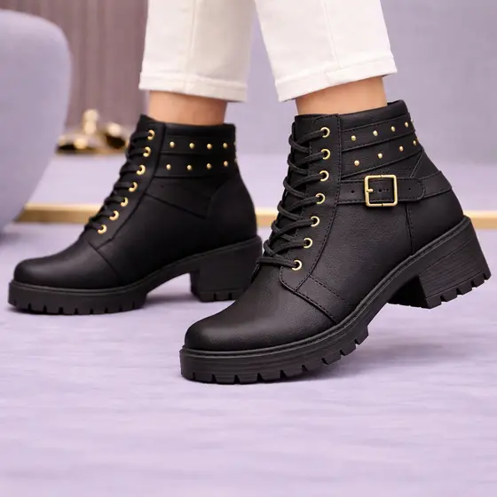 Bota Feminina Cano Curto Delicada Com Aplicação Coturno Salto Bloco Tratorado Baixo Macio Leve Aconchegante Moderno Luxo