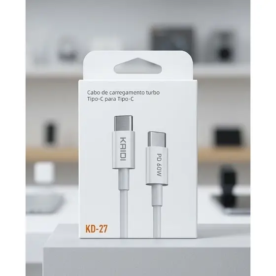 Cabo Tipo C para tipo C - Turbo 60W PD 1m KAIDI | Kit com 1, 2, 3 e 4 unidades.
