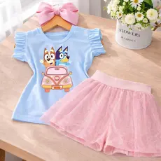 Roupa Infantil Feminina Conjunto Festa Menina Blusa Estampa Cachorrinho CARTOON + Short Saia Rosa Tule 1 a 10 Anos