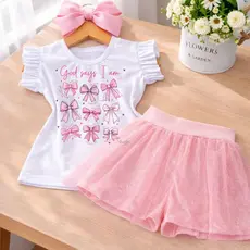 Conjunto Infantil Feminino Laços Rosa Short Saia Tule Glitter Blusa Babado Menina Blogueirinha 1 a 10 Anos