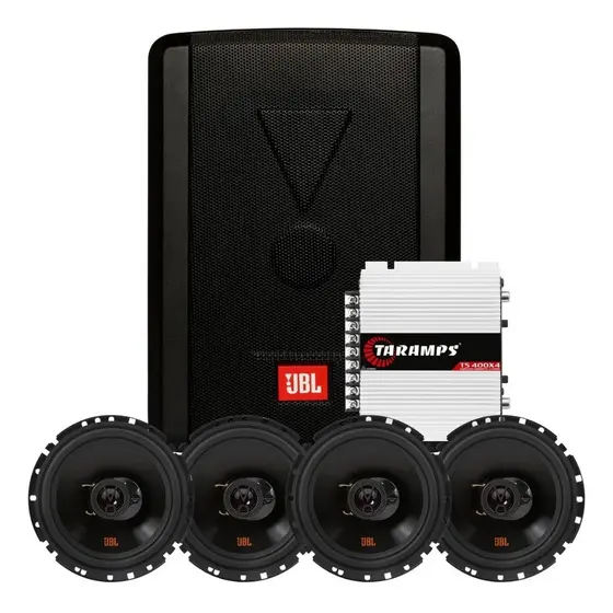 Kit Som Automotivo 4 Alto Falantes 6" JBL 6TRFX55 Amplificador Taramps TS400x4 Sub Slim JBL SW68A-MS