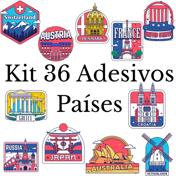 Kit 36 Adesivos Personalizado Países caderno, mala, agenda, notebook, copo, garrafa, à prova d'água.