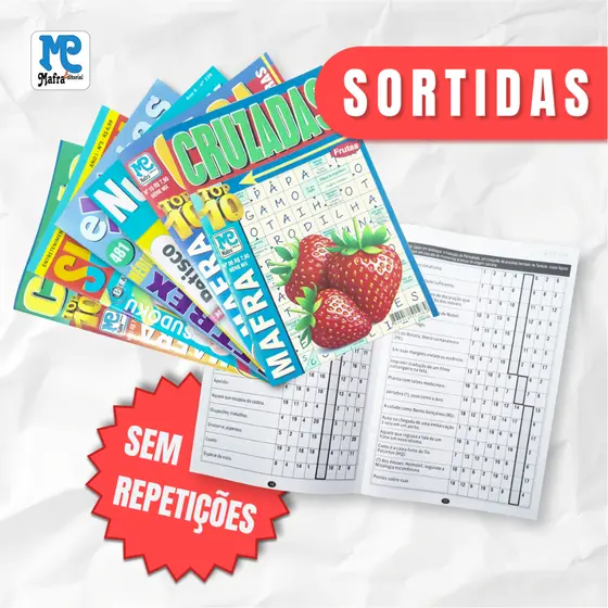 Kit Passatempos Sortidos de 10 até 50 unidades Sem Repetição - Caça-palavras Cruzadas Cripto Numerix Letrix e Sudoku