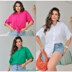Camisa Feminina Social Manga 3/4 camisa sólido Botão Frontal Versão Solta Camisa Feminina Estilosa