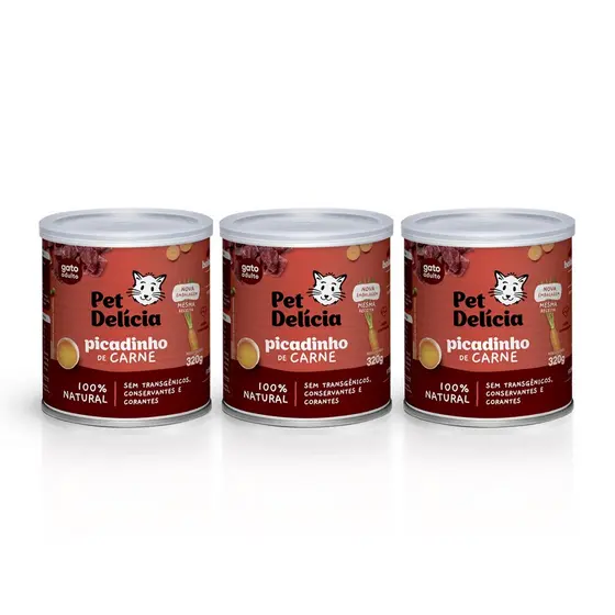 KIT 3 UNIDADES ALIMENTO ÚMIDO PET DELÍCIA PICADINHO DE CARNE 320G GATOS