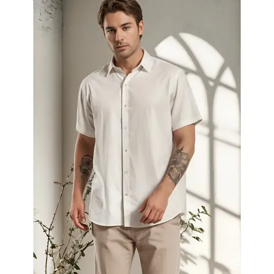 Camisa Social Masculina Manga Curta Slim Fit Luxo Detalhada