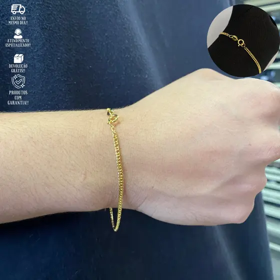Pulseira Ouro 24k Masculina Grumet Dupla Fina Banhada A Ouro