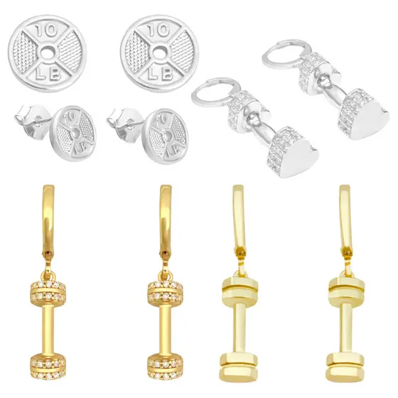 Brinco Cravejado Feminino De Academia Halter Anilha Fitness Banhado a Ouro 18K/Prata 925