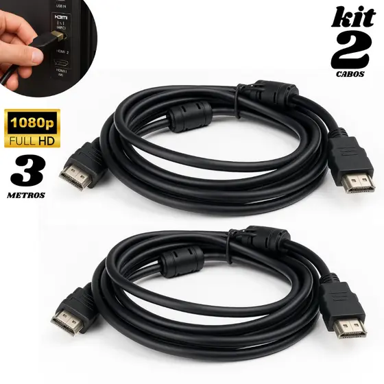 Kit Com 2 Cabo HDMI 3 Metros Full HD 1.4 Preto Transmissão Imagem Vídeo Game Televisão Computador Projetor