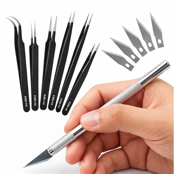 Kit com Estilete De Precisão Bisturi Para Corte 5 Laminas + 6 Pinças Artesanato Arte Profissional