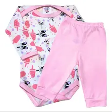 Kit Conjunto Enxoval Bebê 2 Peças  Body estampado manga longa e Mijão  100% algodão.