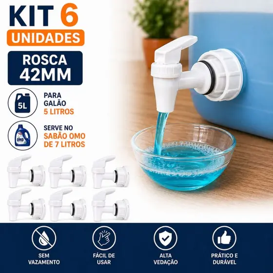 Kit 6 Torneiras com Tampa para Galão 5L e 7L Rosca 42mm Omo Comfort Brilhante Já Vem Montada Sem Vazar