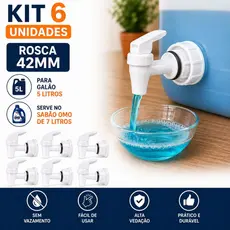 Kit 6 Torneiras com Tampa para Galão 5L e 7L Rosca 42mm Omo Comfort Brilhante Já Vem Montada Sem Vazar