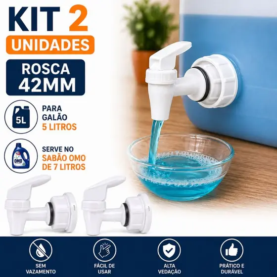 Kit 2 Torneiras com Tampa para Galão 5L e 7L Rosca 42mm Omo Comfort Brilhante Já Vem Montada Sem Vazar