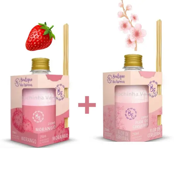 2 Difusor Aromatizadores de Ambiente  Aroma de Morango e Flor de Cerejeira 250 ml com 5 Varetas Cada