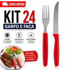Faqueiro 24 Talheres Garfo e Faca Cabo Preto Vermelho