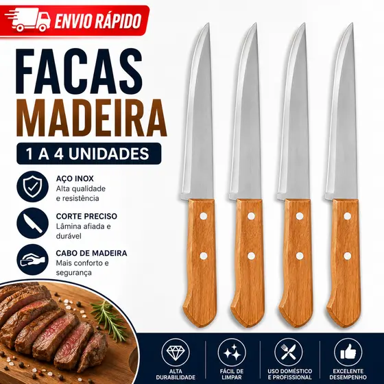 Kit 4 Facas Inox Cabo Madeira Nº8 Profissional Cozinha