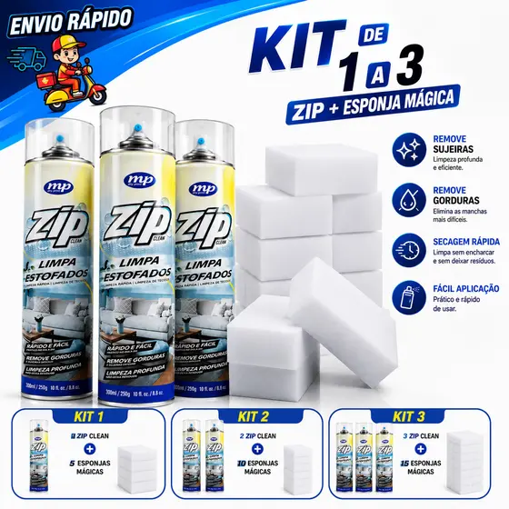 KIT ZIP CLEAN + ESPONJA MÁGICA LIMPEZA PRÁTICA E EFICIENTE
