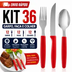 Jogo Faqueiro 36 Talheres Inox Cabo Preto ou Vermelho
