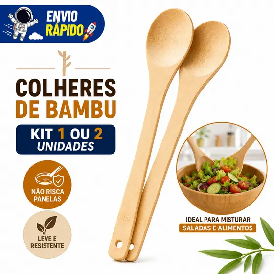 Colhere de Bambu Cabo Longo 1 ou 2 Unidades Utensílio Ecológico