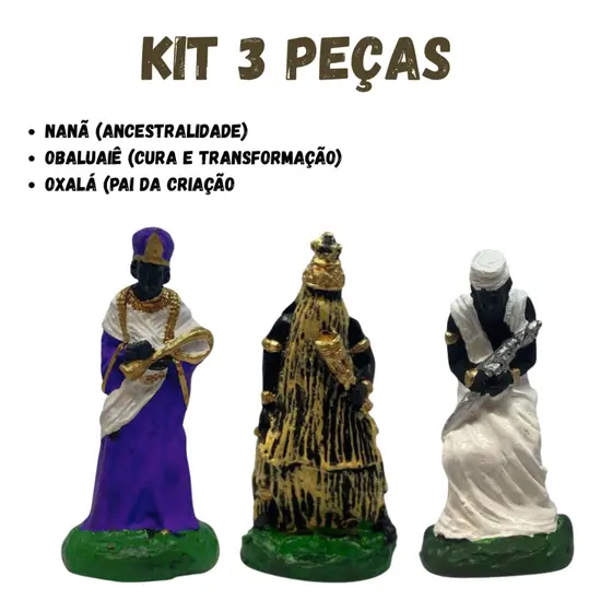 Kit 3 Peças Estatueta Religiosa Resina 10cm Imagens Oxala Obaluaie Nanã Candomblé Umbanda