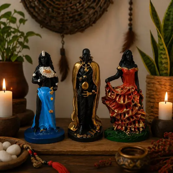 Kit 3 Estatuetas Umbanda 10cm – Sete Saias, Exu de Ouro e Yemanjá em Resina Decoração Religiosa