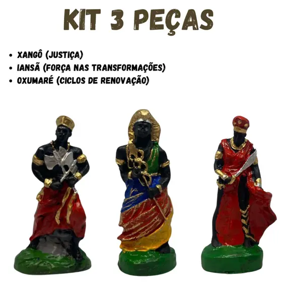 Kit 3 Imagem Orixás Xangô Iansã Oxumaré Resina 10cm Estatueta Umbanda Candomblé