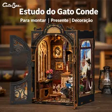 Original Cutebee Book Nook Estudo do Gato – Miniatura DIY 3D em Madeira