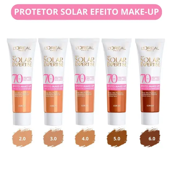 Protetor Solar Facial Loreal Expertise FPS70 Efeito Make-up 30g | Com cor de Base | Todas as cores