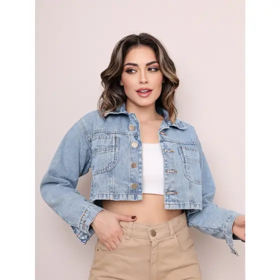 INFINITO MDOA Jaqueta Jeans Cropped Jeans Claro Modelo Novo Tendencia 2024