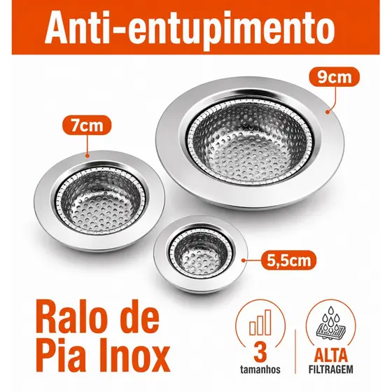 Ralo de Pia De Cozinha Inox Banheiro/Tanque Anti-Entupimento Universal 5,5cm 7cm 9cm 11,4cm Com Borda