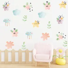 Adesivo De Parede Infantil Flores Nuvens Estrelas Rosa Menina Fs1