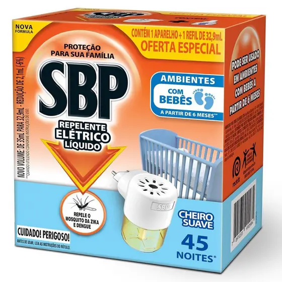 Repelente Elétrico Líquido SBP 45 Noites Cheiro Suave 1 Aparelho + 1 Refil de 32,9 ml