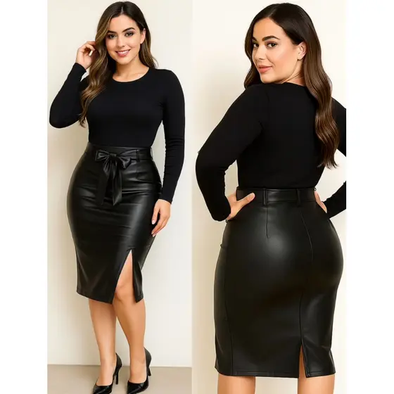 Saia Couro Ecológico Feminina Moda Evangélica Moderna
