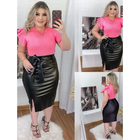 Saia Courino Feminina Plus Size Cintura Alta G ao EXG2 Moda Evangélica Elegante