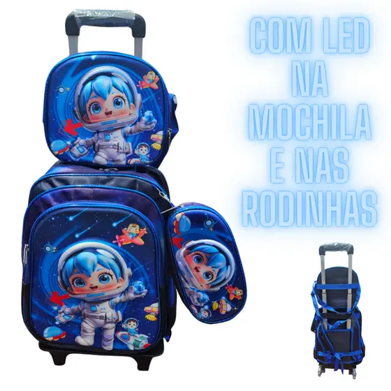 Kit Escolar Astronauta Led na Mochila e no Carrinho com Efeito 3D - Mochila Lancheira e Estojo