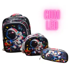 Mochila Infantil 3D Estojo Lancheira Com Led Astronauta Premium Escola Volta as Aulas