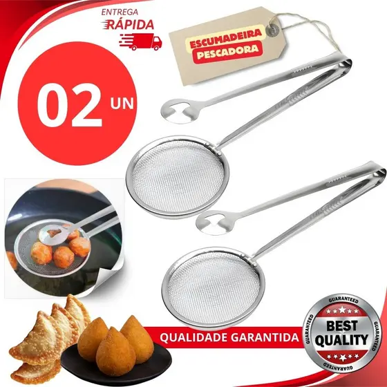 Kit 02 - Escumadeira Pescadora Para Fritura C/pegador Em Inox 2 Em 1 Variáveis Utilidades Premium