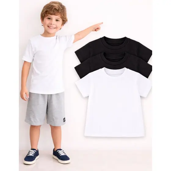 Kit 3 Camisetas Infantis Manga Curta Malha Algodão Canelada Não Amassa