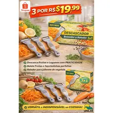 Descascador 3 em 1 Aço Inox Multifuncional Ralador Boleador Frutas Legumes Kit 3 Unidades