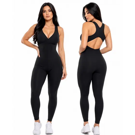Macacão Academia Longo Costas Cruzadas Feminino ESPORTIVO Roupa Fitness com bojo