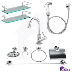 Kit Acessórios Para Banheiro Aço Inox Completo 9 peças Torneira + Ducha Higiênica + 2 Porta Shampoo