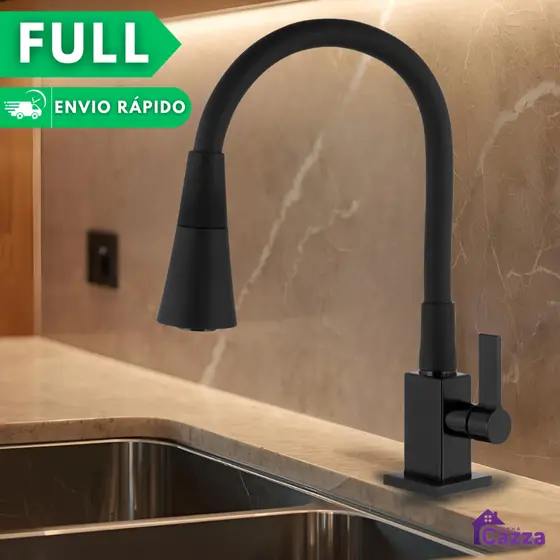Torneira Gourmet de Cozinha Bancada Flexível Mesa Preta Black Pia Duplo Jato Cone 1/4 de Volta