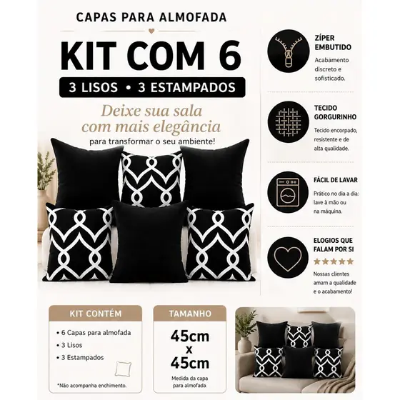 Kit com 6 capas p\ Almofadas Decorativas com Zíper