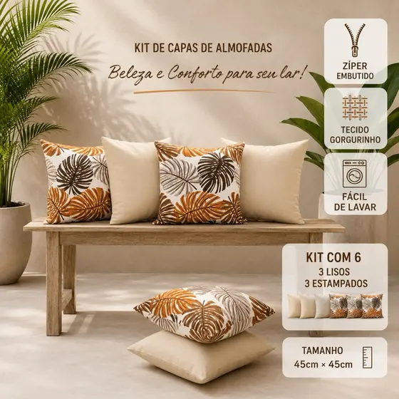 Kit com 6 capas p\ Almofadas Decorativas com Zíper