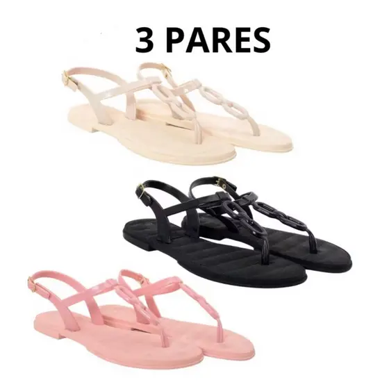 3 PARES SANDÁLIA CORRENTE INJETADA FEMININA MODINHA BARATO CASUAL CONFORTÁVEL