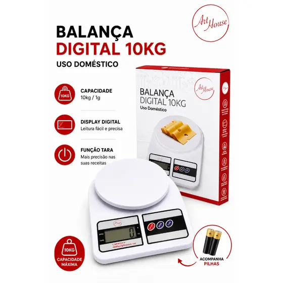Balança de Cozinha Digital 10kg Com Pilhas Dupla e Sem Pilhas Alta Precisão Branco Confeitaria Fitness Dieta