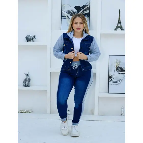 Conjunto Calça Jeans + Jaqueta Jeans Com Moletom E Capuz Tendência
