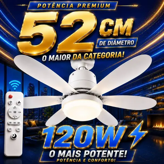 Lâmpada Ventilador de Teto LED 2 em 1 120W Bivolt 52cm com Controle Remoto